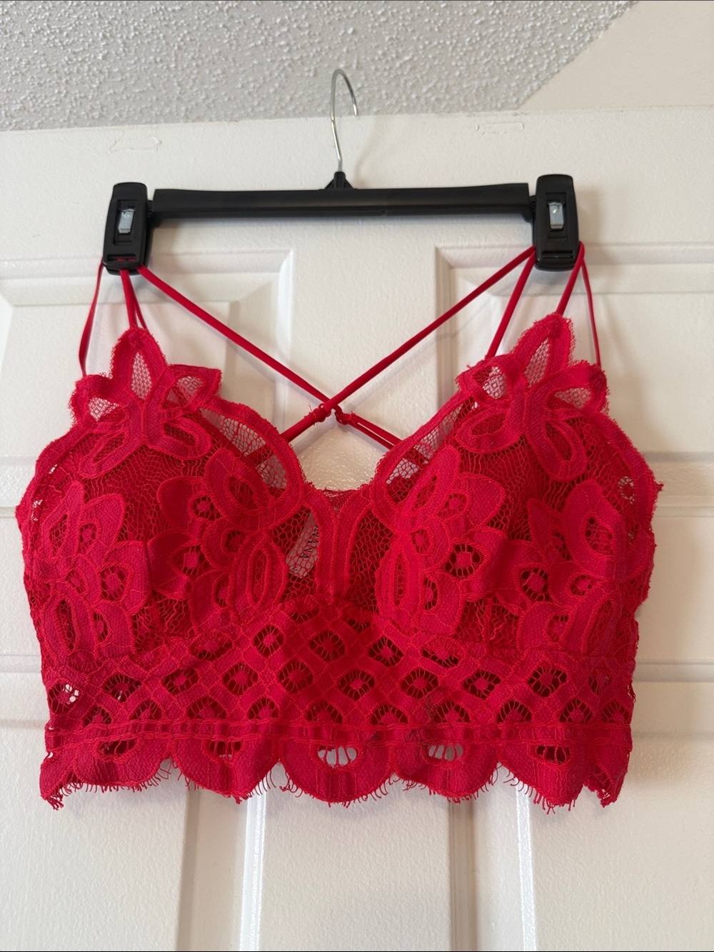 Zenana Outfitters Red Lace Floral Bralette with Crisscross Straps